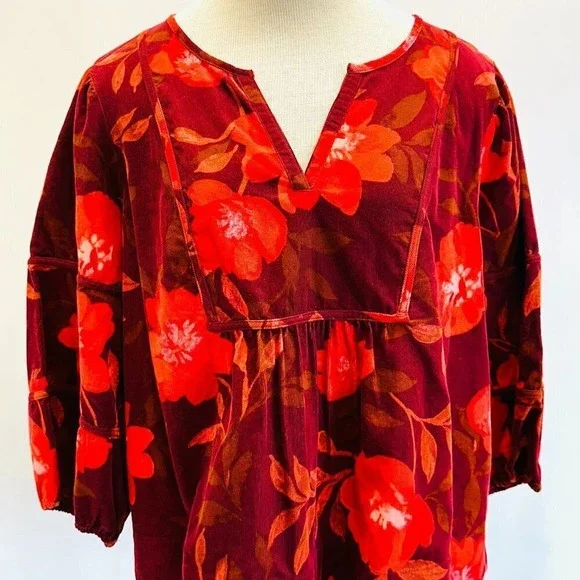 NWT SONOMA Women 3/4 Sleeve Pullover V-Neck Corduroy Cotton Floral Shirt Sz PXXL - Picture 5 of 14